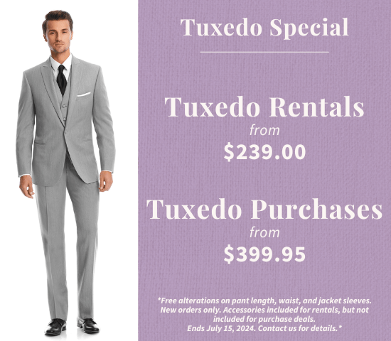 Morris Formalwear Ottawa Tuxedo Special. Tuexedo rentals from $239, purchases from $399. Conditions apply, contact us for details.