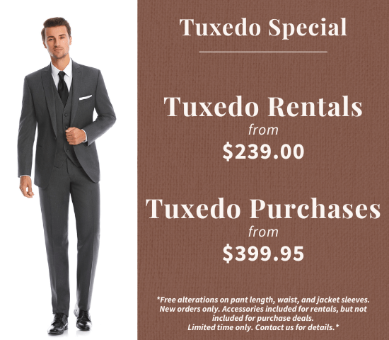 Morris Formalwear Ottawa Tuxedo Special. Tuexedo rentals from $239, purchases from $399. Conditions apply, contact us for details.